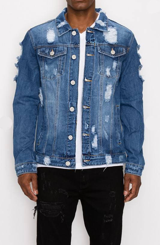 Distressed blue denim jacket